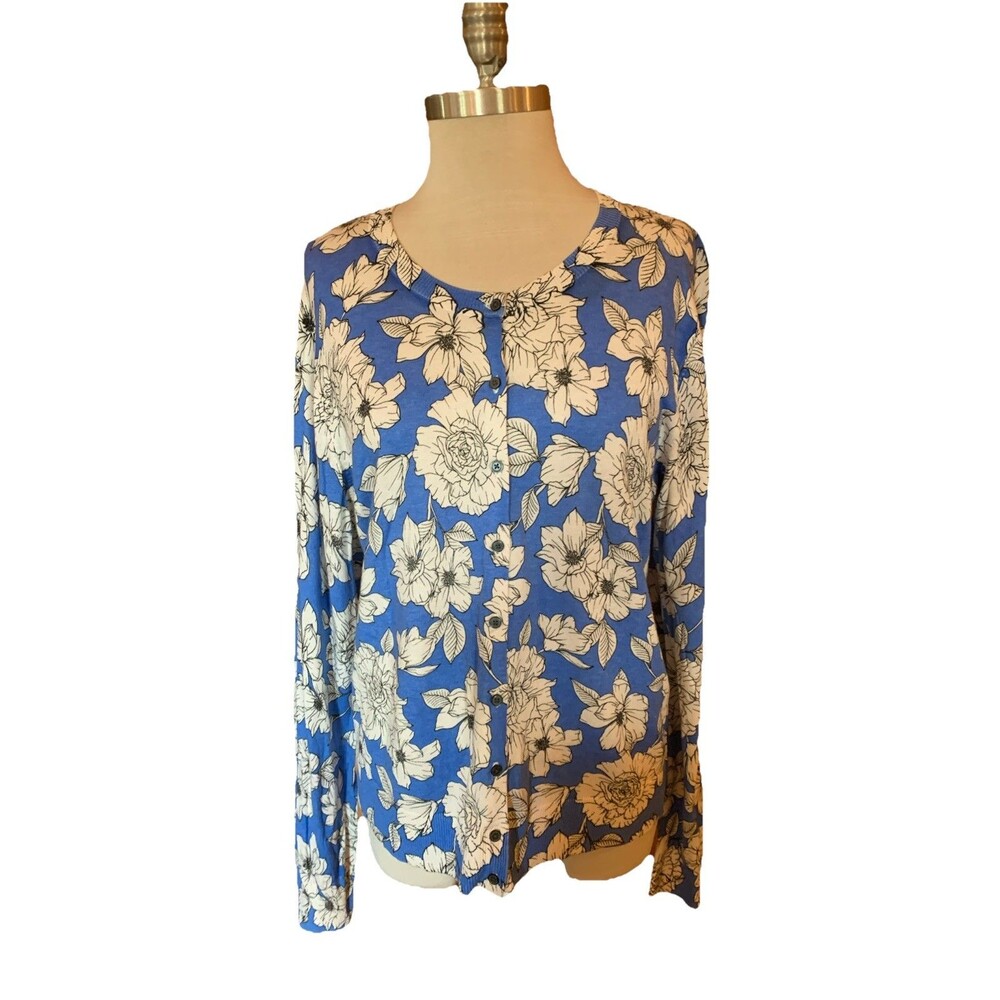 Banana Republic Cardigan Sweater Blue Floral Size XL Preppy Classic Career Light